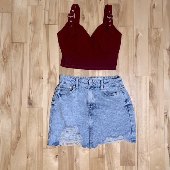 π Set π Top REVAMPED (burgundy) and a distress denim Skirt - size XS - Picture 1 of 7